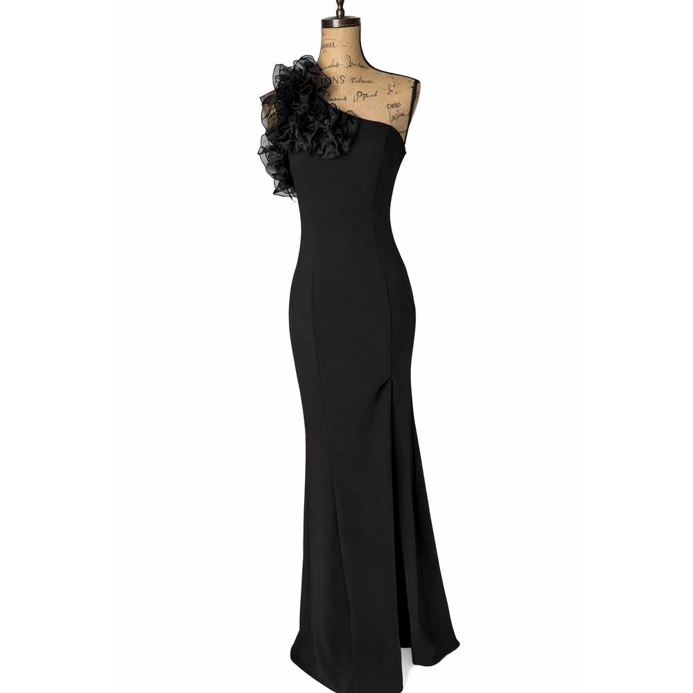 Lulus One Shoulder Ruffle Maxi Dress Black Formal Gown Slit‎ Size S NEW